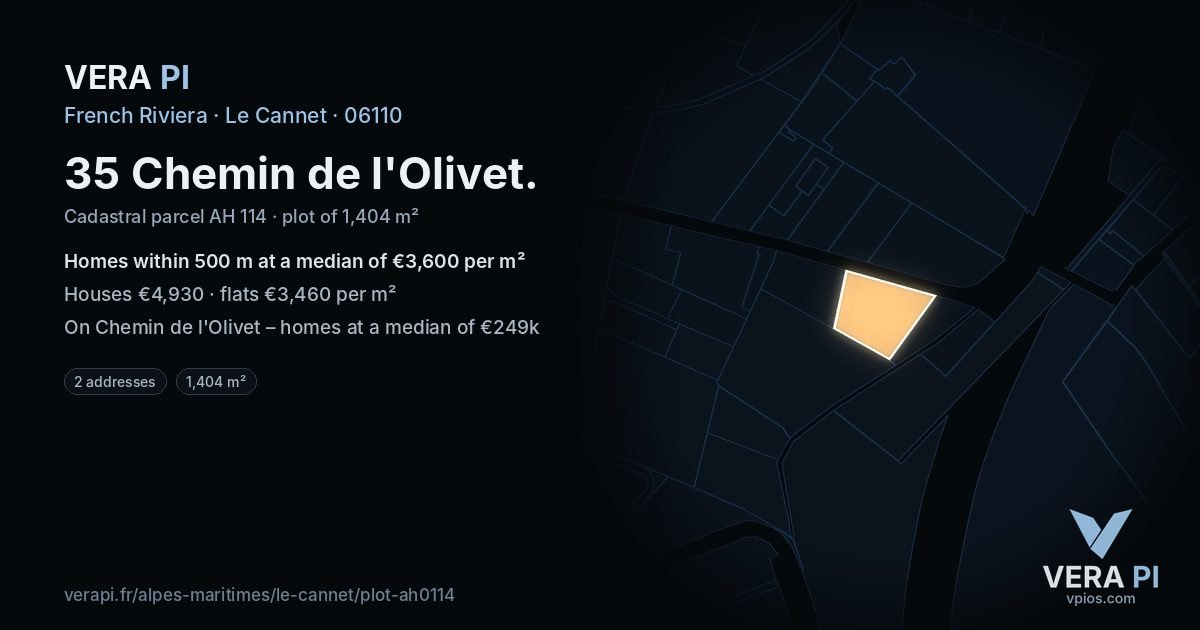 35 Chemin de l'Olivet, Le Cannet at night – the plot lit, the parcels around coloured by the prices near them