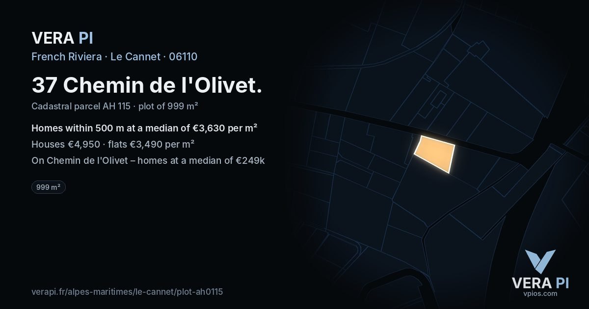 37 Chemin de l'Olivet, Le Cannet at night – the plot lit, the parcels around coloured by the prices near them