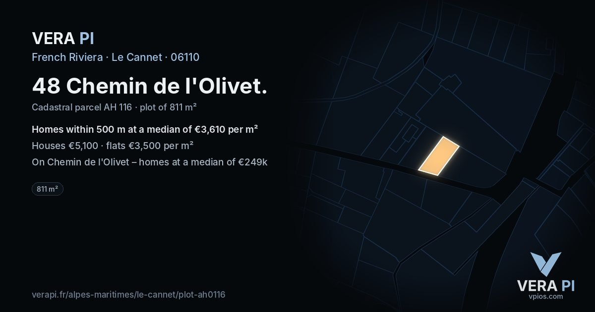 48 Chemin de l'Olivet, Le Cannet at night – the plot lit, the parcels around coloured by the prices near them