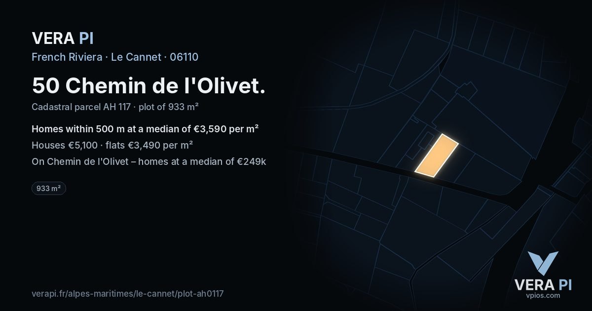 50 Chemin de l'Olivet, Le Cannet at night – the plot lit, the parcels around coloured by the prices near them
