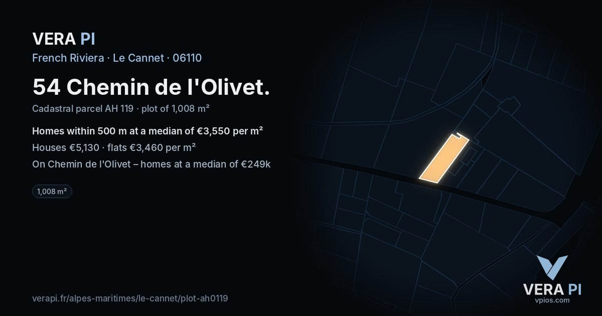 54 Chemin de l'Olivet, Le Cannet at night – the plot lit, the parcels around coloured by the prices near them