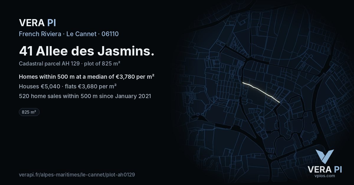 41 Allee des Jasmins, Le Cannet at night – the plot lit, the parcels around coloured by the prices near them