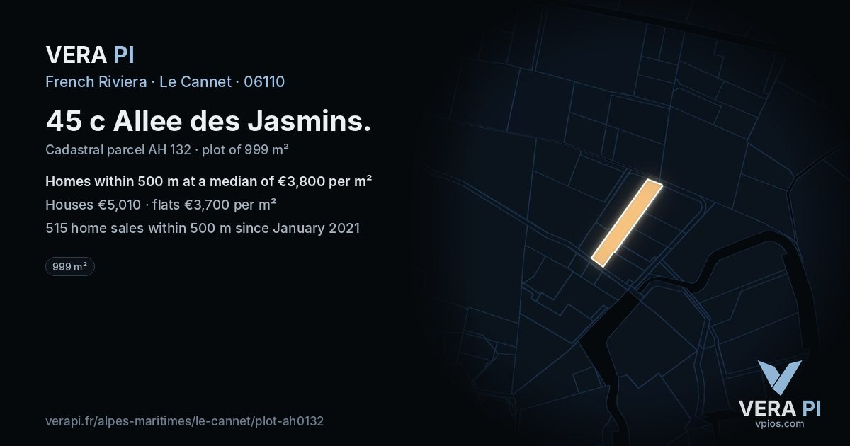 45 c Allee des Jasmins, Le Cannet at night – the plot lit, the parcels around coloured by the prices near them