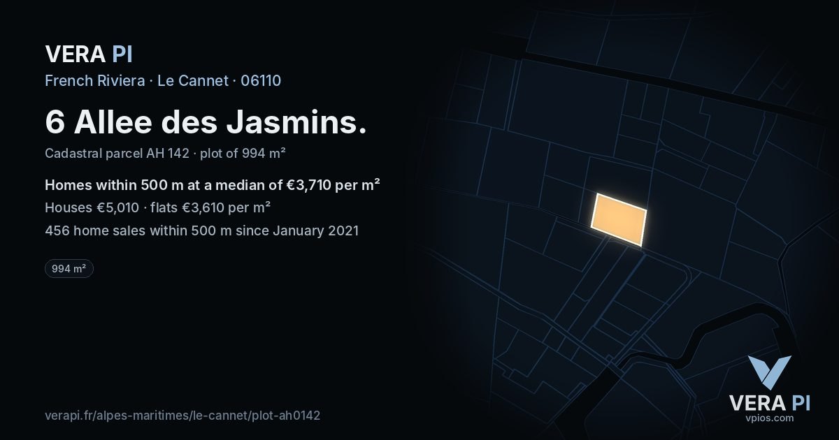 6 Allee des Jasmins, Le Cannet at night – the plot lit, the parcels around coloured by the prices near them