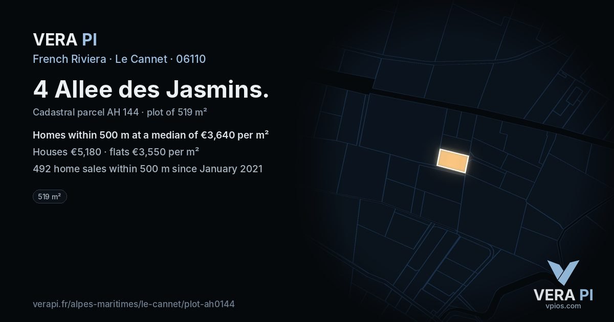 4 Allee des Jasmins, Le Cannet at night – the plot lit, the parcels around coloured by the prices near them