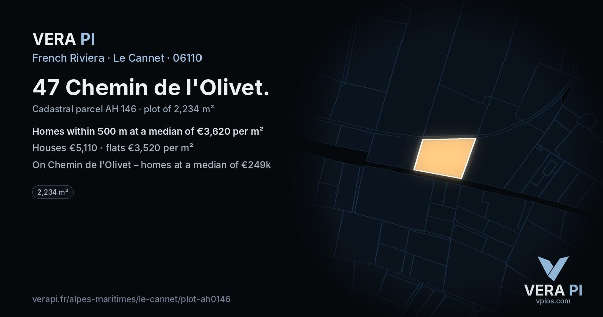 47 Chemin de l'Olivet, Le Cannet at night – the plot lit, the parcels around coloured by the prices near them