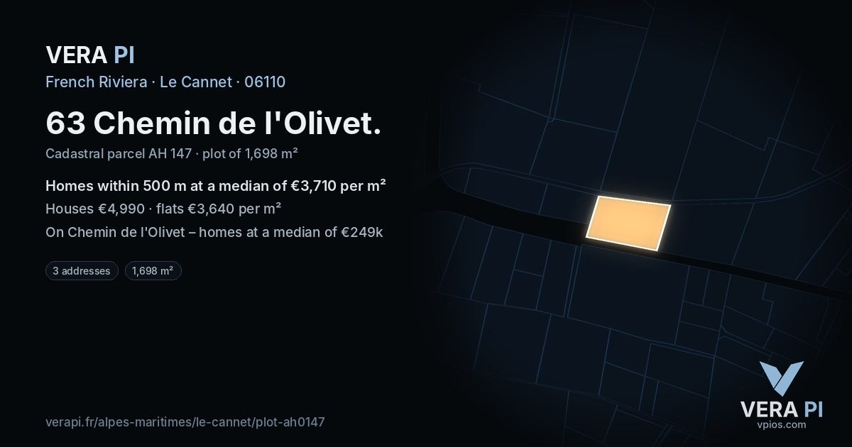 63 Chemin de l'Olivet, Le Cannet at night – the plot lit, the parcels around coloured by the prices near them