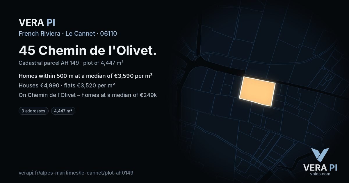 45 Chemin de l'Olivet, Le Cannet at night – the plot lit, the parcels around coloured by the prices near them