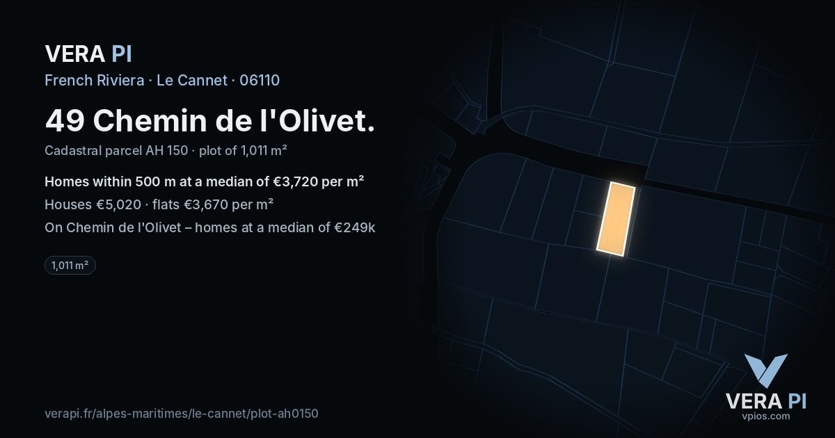 49 Chemin de l'Olivet, Le Cannet at night – the plot lit, the parcels around coloured by the prices near them