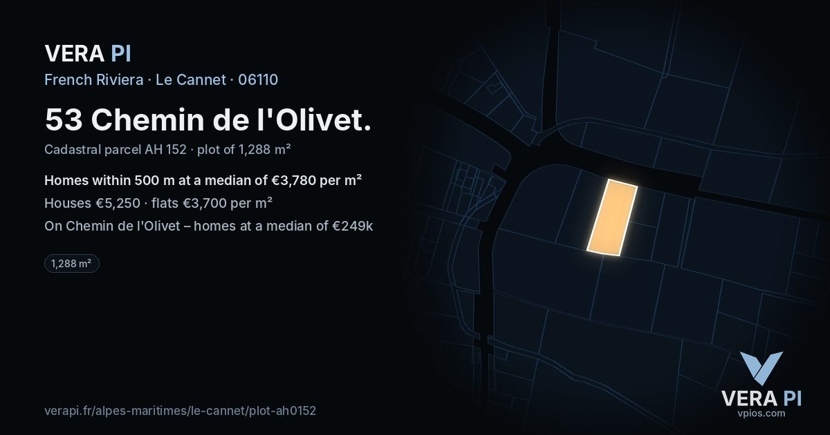 53 Chemin de l'Olivet, Le Cannet at night – the plot lit, the parcels around coloured by the prices near them