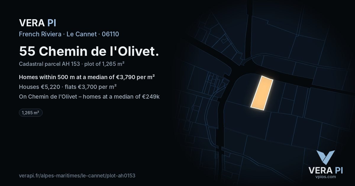 55 Chemin de l'Olivet, Le Cannet at night – the plot lit, the parcels around coloured by the prices near them