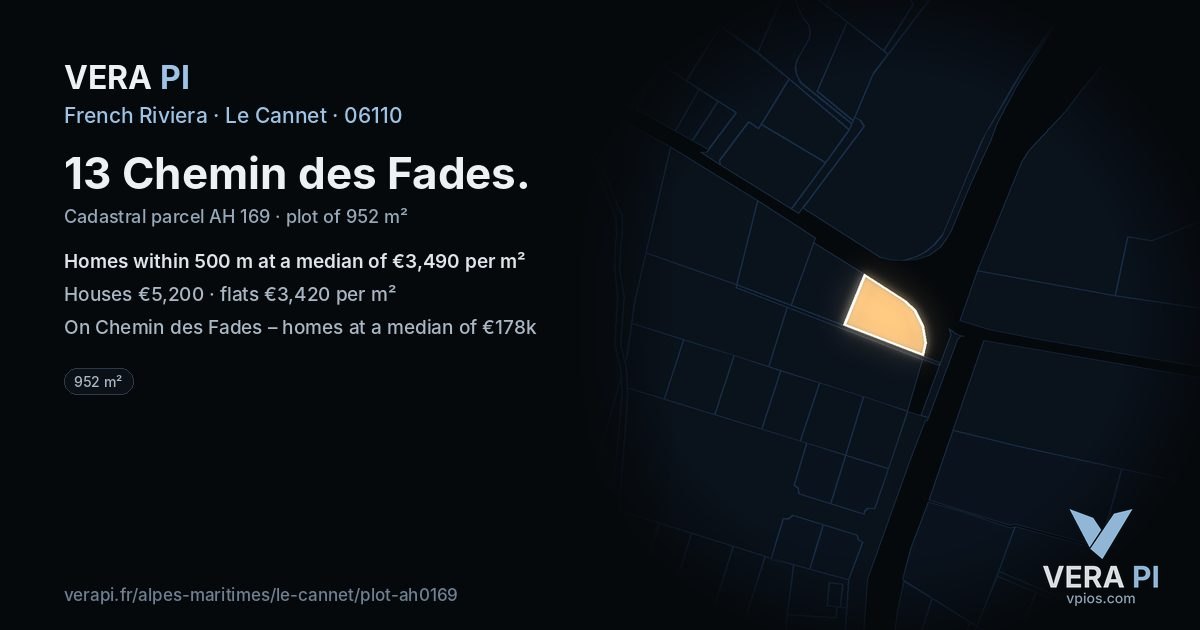 13 Chemin des Fades, Le Cannet at night – the plot lit, the parcels around coloured by the prices near them