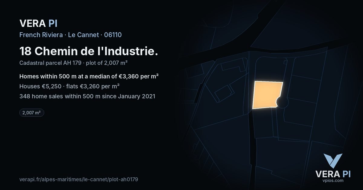 18 Chemin de l'Industrie, Le Cannet at night – the plot lit, the parcels around coloured by the prices near them