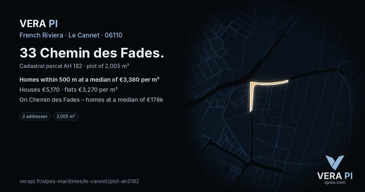 33 Chemin des Fades, Le Cannet at night – the plot lit, the parcels around coloured by the prices near them