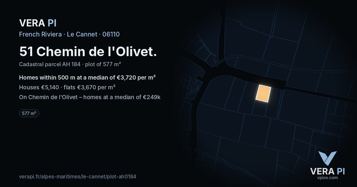51 Chemin de l'Olivet, Le Cannet at night – the plot lit, the parcels around coloured by the prices near them