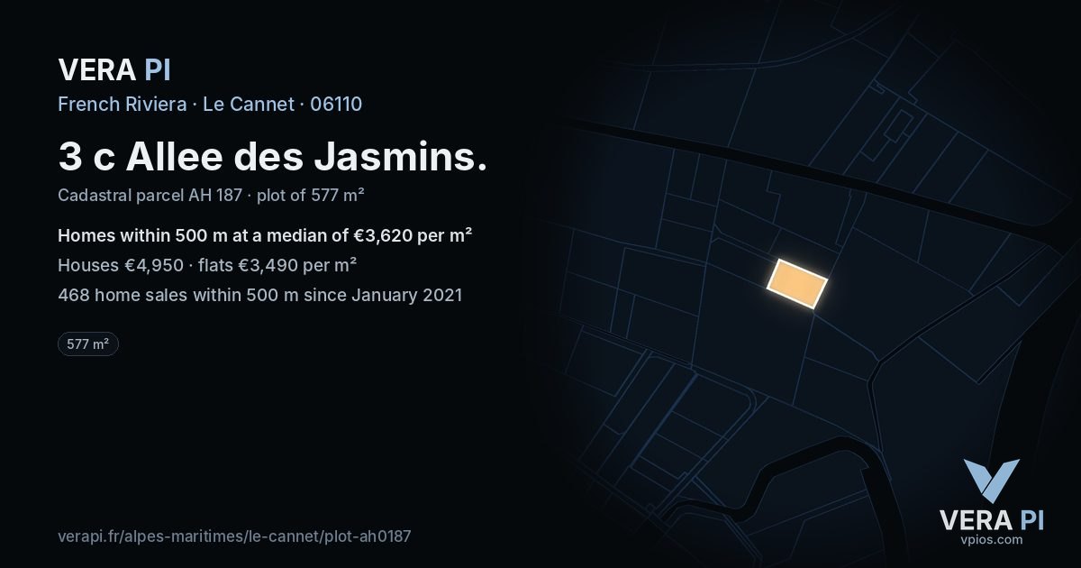 3 c Allee des Jasmins, Le Cannet at night – the plot lit, the parcels around coloured by the prices near them