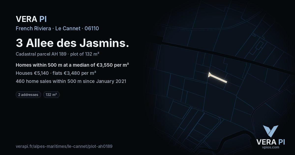 3 Allee des Jasmins, Le Cannet at night – the plot lit, the parcels around coloured by the prices near them