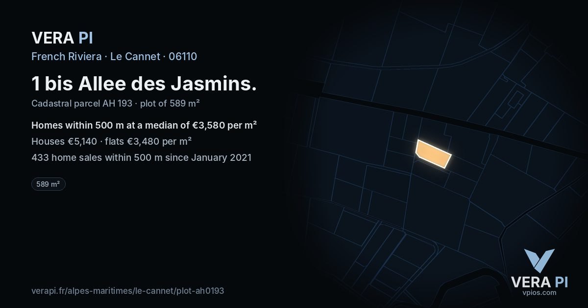 1 bis Allee des Jasmins, Le Cannet at night – the plot lit, the parcels around coloured by the prices near them