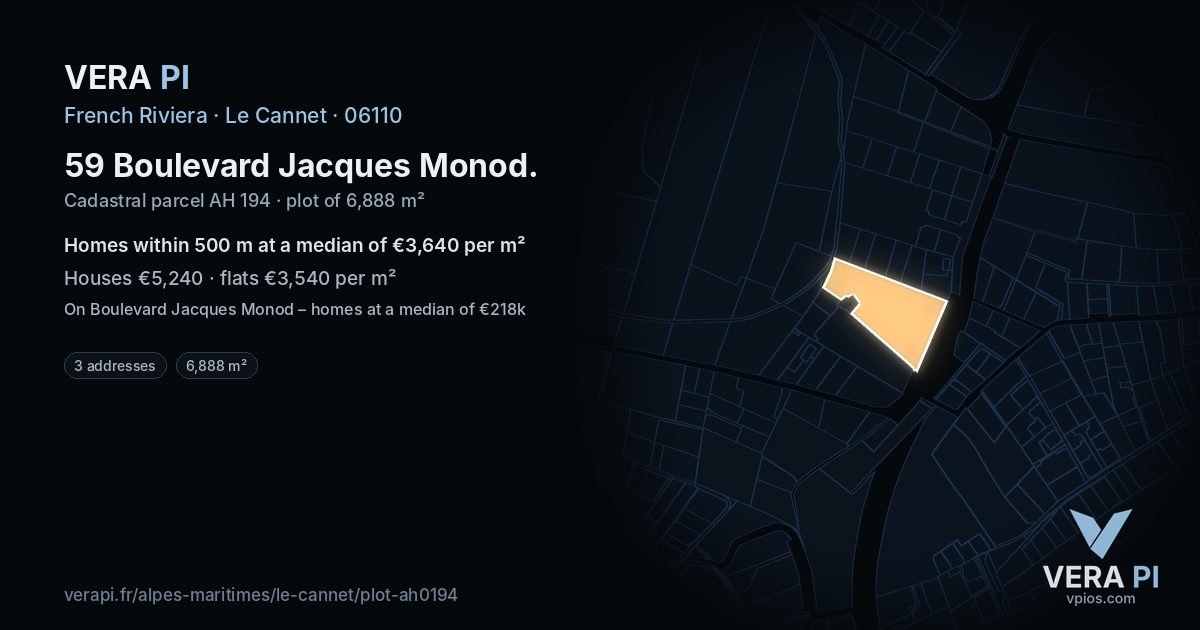59 Boulevard Jacques Monod, Le Cannet at night – the plot lit, the parcels around coloured by the prices near them