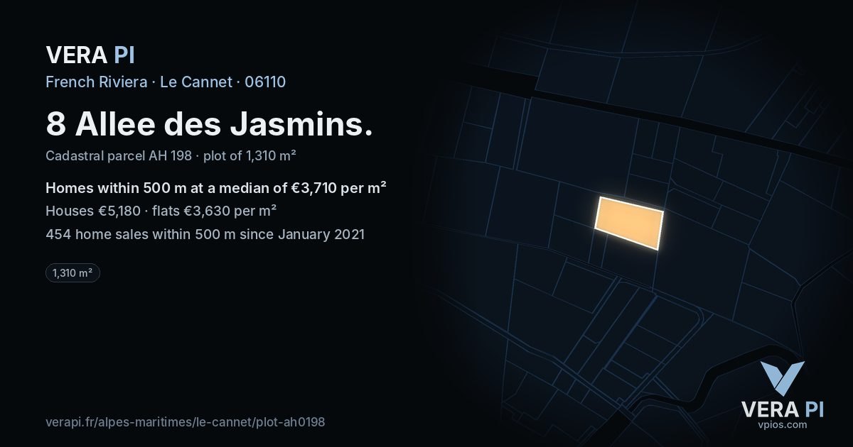 8 Allee des Jasmins, Le Cannet at night – the plot lit, the parcels around coloured by the prices near them