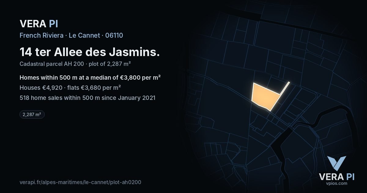 14 ter Allee des Jasmins, Le Cannet at night – the plot lit, the parcels around coloured by the prices near them