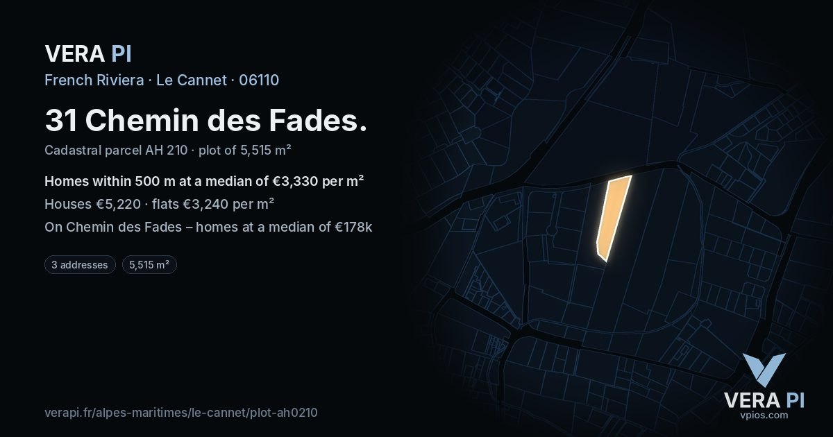 31 Chemin des Fades, Le Cannet at night – the plot lit, the parcels around coloured by the prices near them