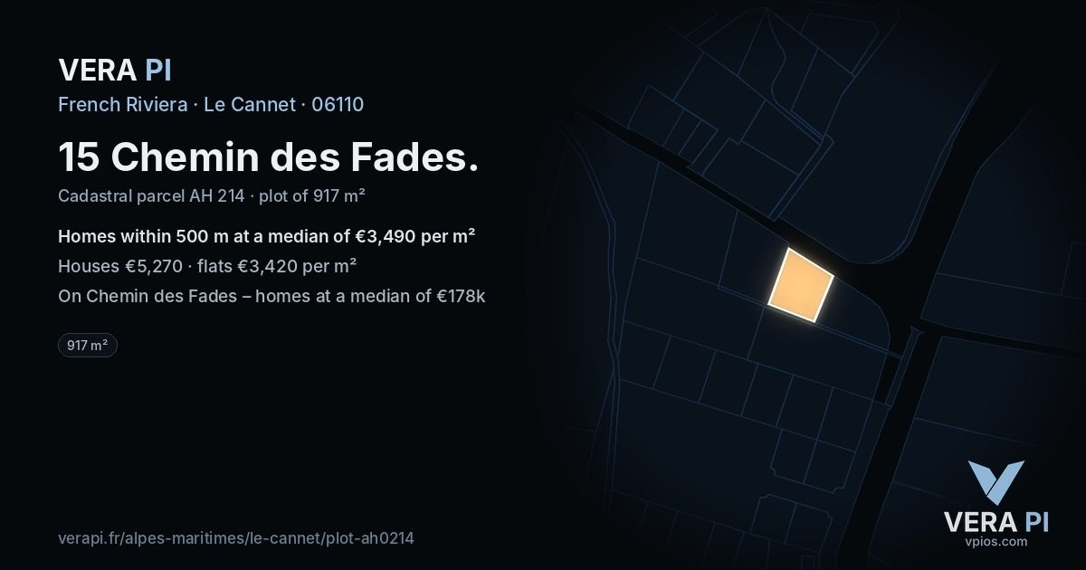 15 Chemin des Fades, Le Cannet at night – the plot lit, the parcels around coloured by the prices near them