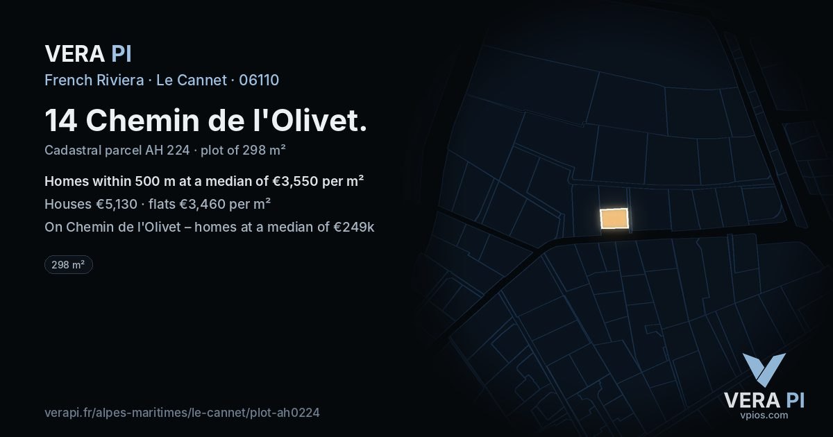 14 Chemin de l'Olivet, Le Cannet at night – the plot lit, the parcels around coloured by the prices near them