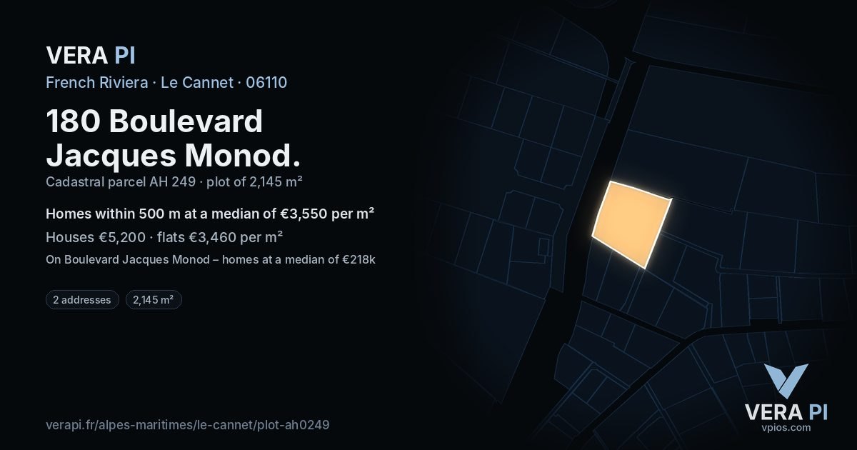 180 Boulevard Jacques Monod, Le Cannet at night – the plot lit, the parcels around coloured by the prices near them