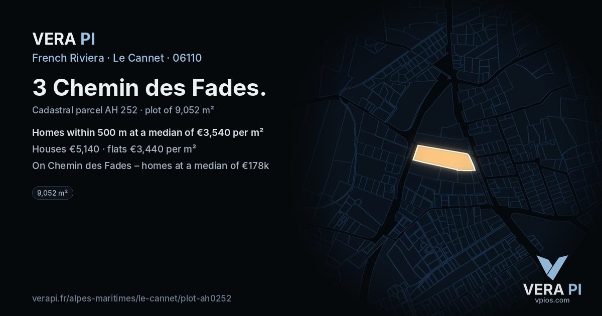 3 Chemin des Fades, Le Cannet at night – the plot lit, the parcels around coloured by the prices near them