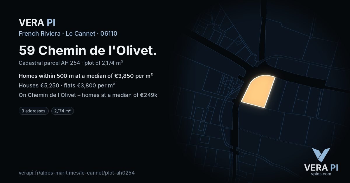 59 Chemin de l'Olivet, Le Cannet at night – the plot lit, the parcels around coloured by the prices near them