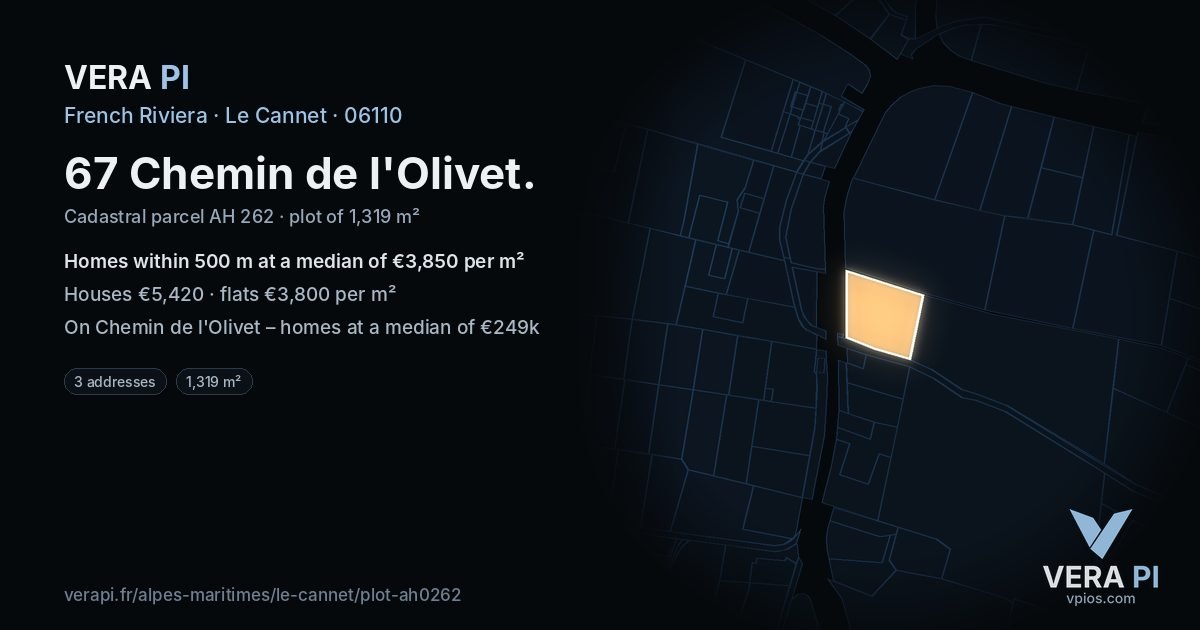 67 Chemin de l'Olivet, Le Cannet at night – the plot lit, the parcels around coloured by the prices near them