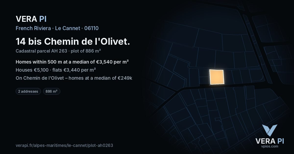 14 bis Chemin de l'Olivet, Le Cannet at night – the plot lit, the parcels around coloured by the prices near them