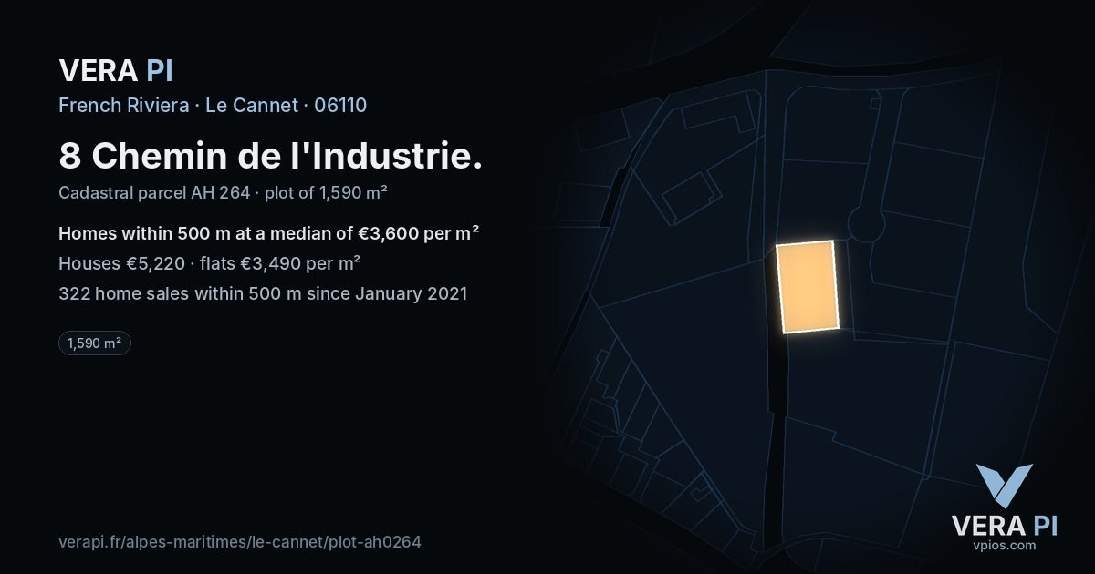 8 Chemin de l'Industrie, Le Cannet at night – the plot lit, the parcels around coloured by the prices near them