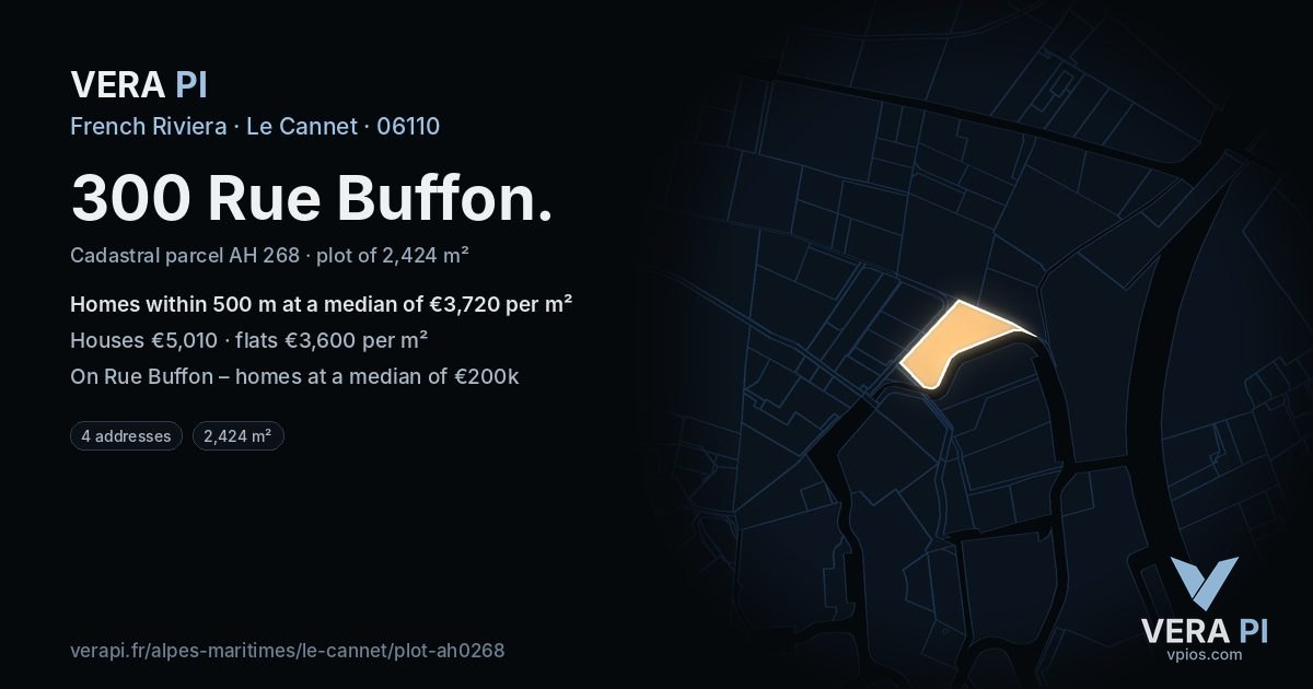 300 Rue Buffon, Le Cannet at night – the plot lit, the parcels around coloured by the prices near them