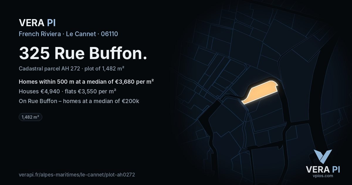 325 Rue Buffon, Le Cannet at night – the plot lit, the parcels around coloured by the prices near them