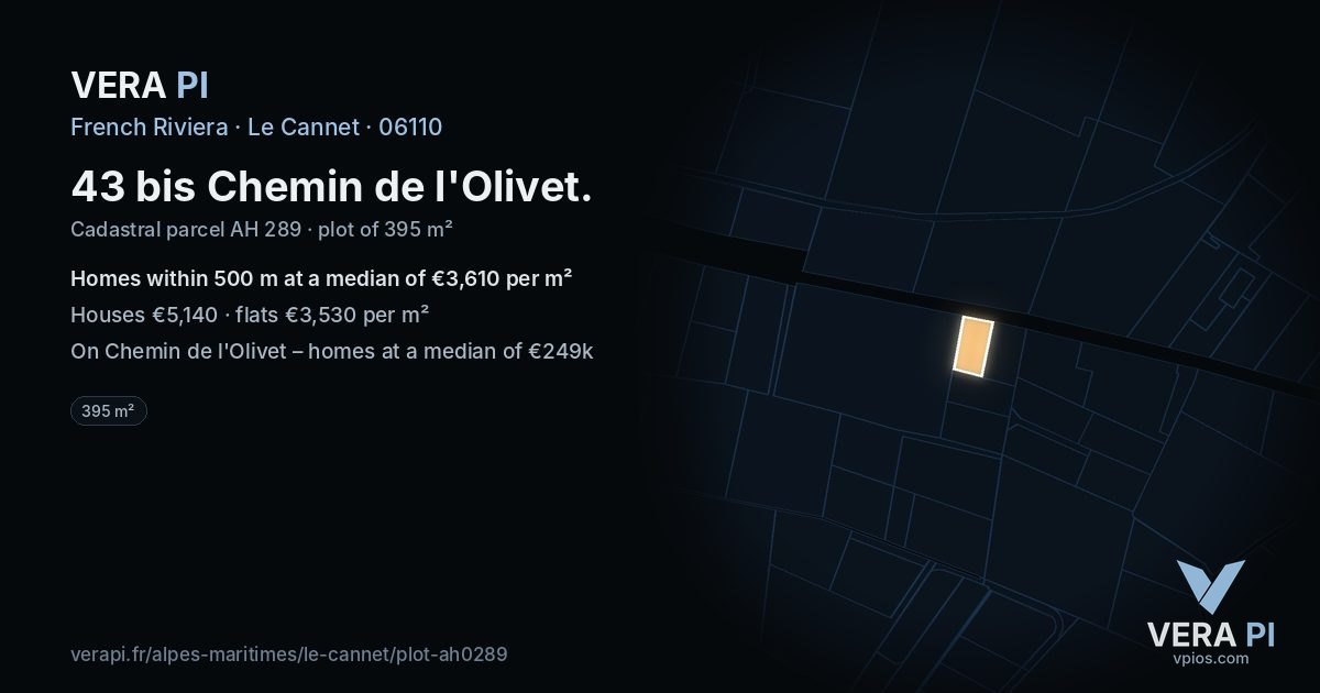 43 bis Chemin de l'Olivet, Le Cannet at night – the plot lit, the parcels around coloured by the prices near them
