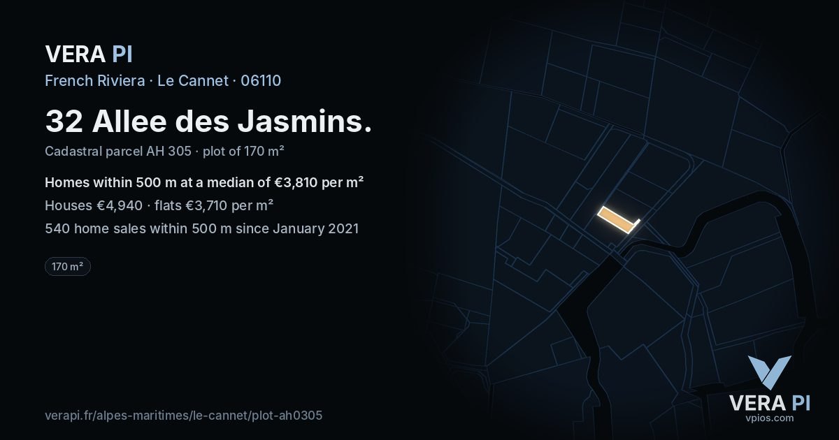32 Allee des Jasmins, Le Cannet at night – the plot lit, the parcels around coloured by the prices near them