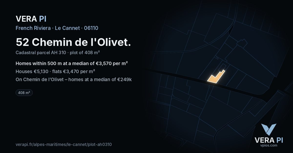 52 Chemin de l'Olivet, Le Cannet at night – the plot lit, the parcels around coloured by the prices near them