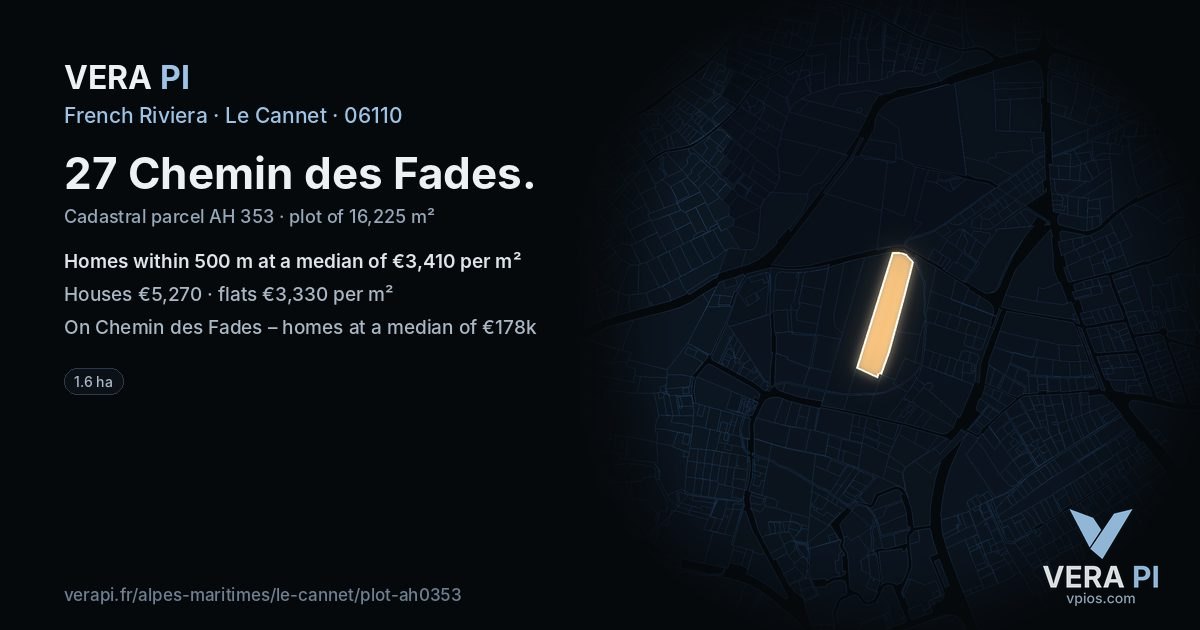 27 Chemin des Fades, Le Cannet at night – the plot lit, the parcels around coloured by the prices near them