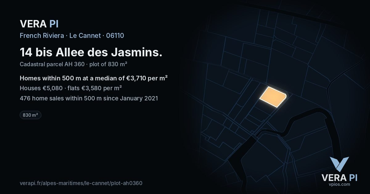 14 bis Allee des Jasmins, Le Cannet at night – the plot lit, the parcels around coloured by the prices near them