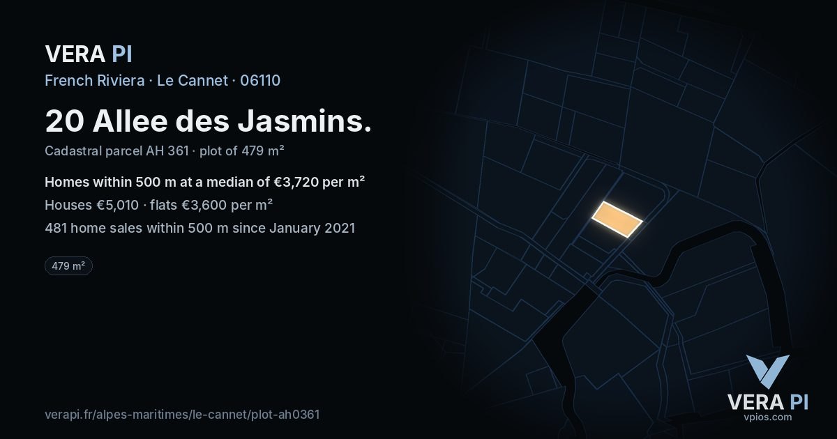 20 Allee des Jasmins, Le Cannet at night – the plot lit, the parcels around coloured by the prices near them