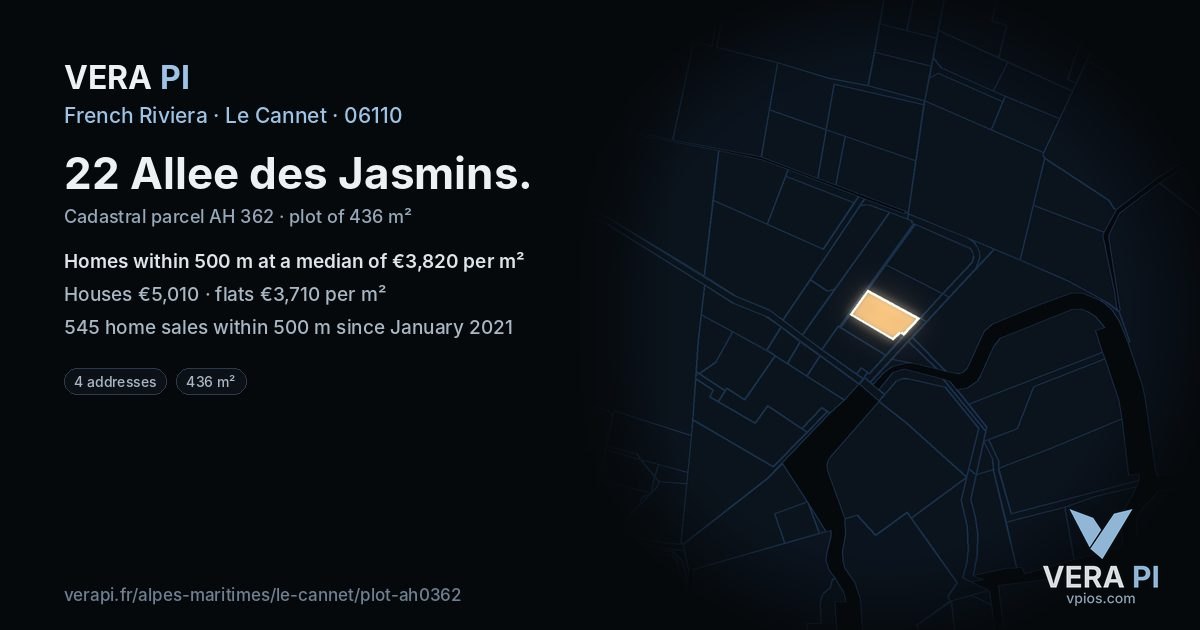 22 Allee des Jasmins, Le Cannet at night – the plot lit, the parcels around coloured by the prices near them