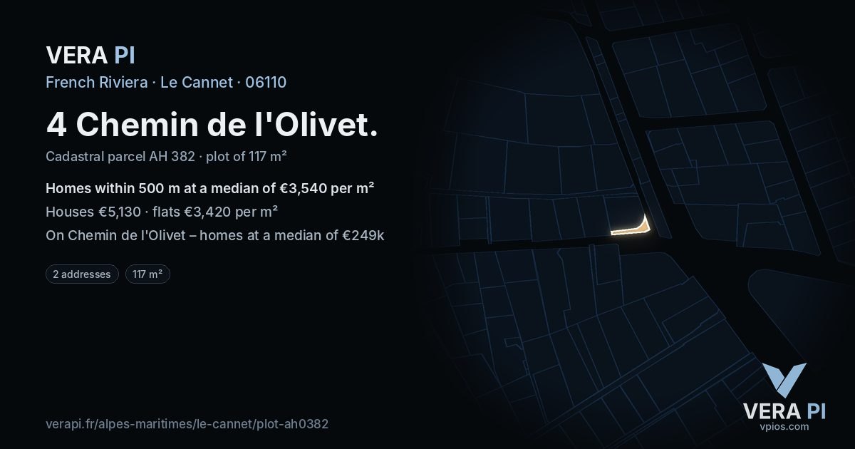 4 Chemin de l'Olivet, Le Cannet at night – the plot lit, the parcels around coloured by the prices near them