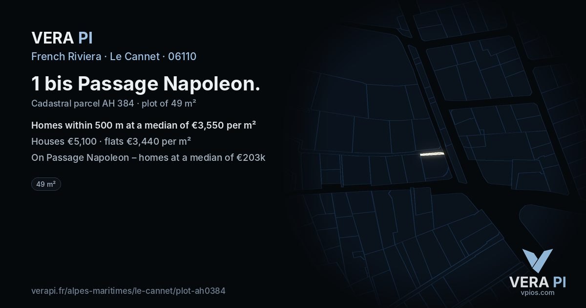 1 bis Passage Napoleon, Le Cannet at night – the plot lit, the parcels around coloured by the prices near them