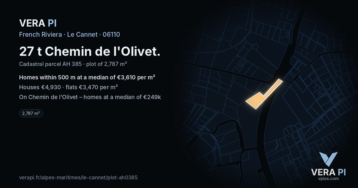 27 t Chemin de l'Olivet, Le Cannet at night – the plot lit, the parcels around coloured by the prices near them