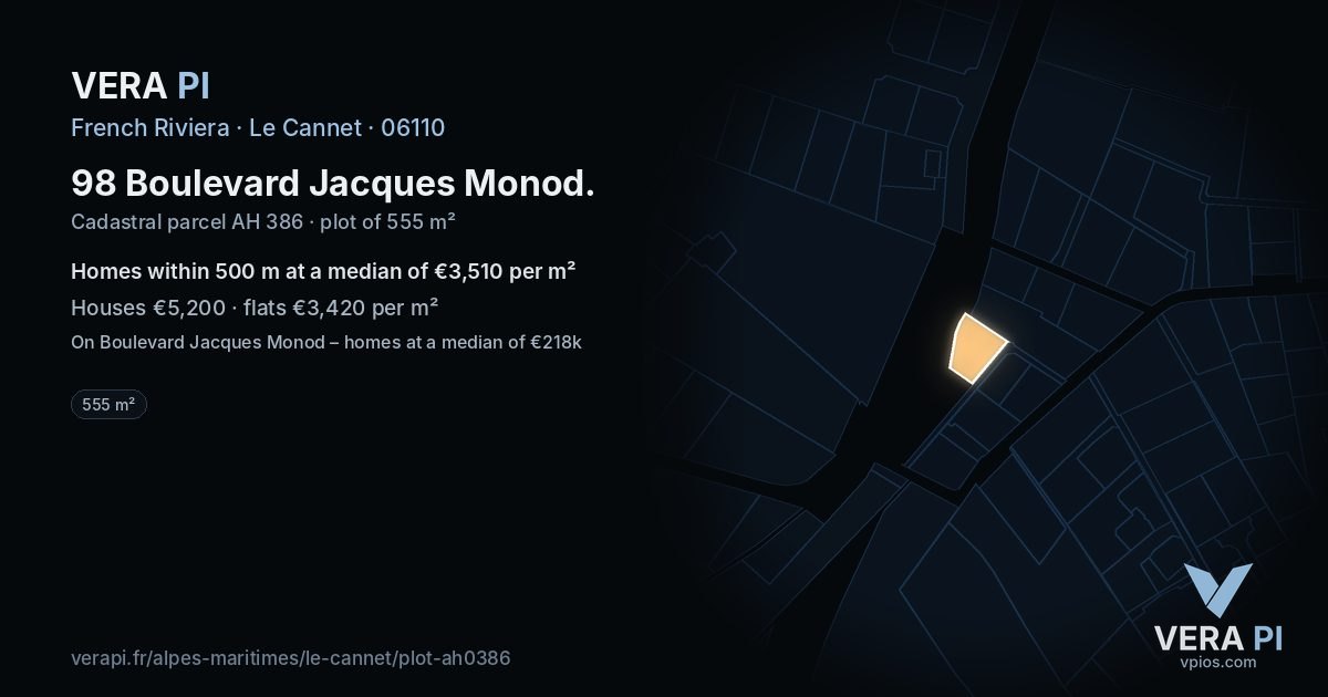 98 Boulevard Jacques Monod, Le Cannet at night – the plot lit, the parcels around coloured by the prices near them
