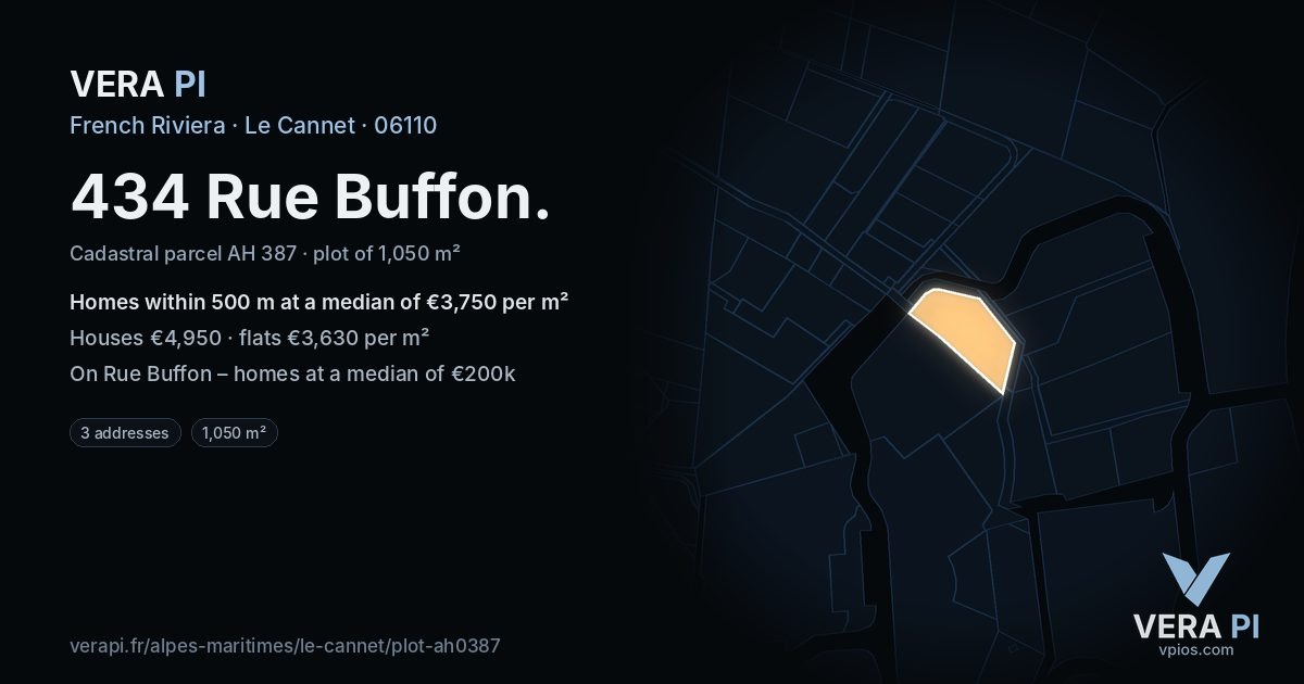 434 Rue Buffon, Le Cannet at night – the plot lit, the parcels around coloured by the prices near them