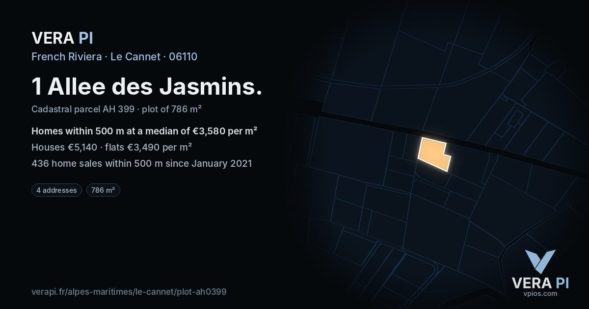 1 Allee des Jasmins, Le Cannet at night – the plot lit, the parcels around coloured by the prices near them