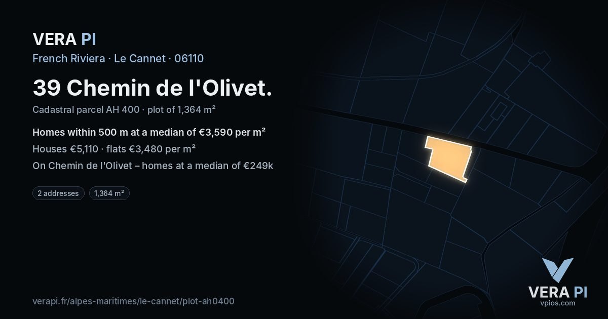 39 Chemin de l'Olivet, Le Cannet at night – the plot lit, the parcels around coloured by the prices near them